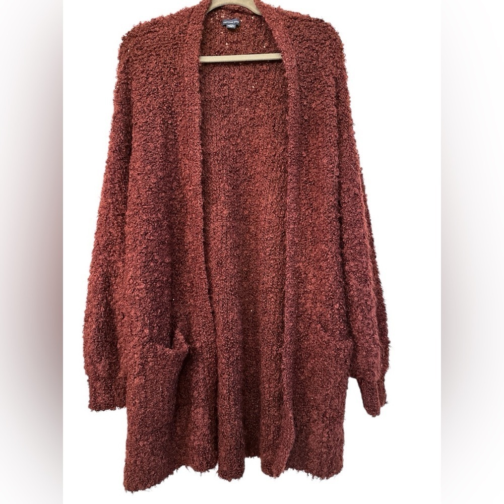 AEO Womens Cardigan Sweater Open Front Pockets Cozy Burgundy‎ Small